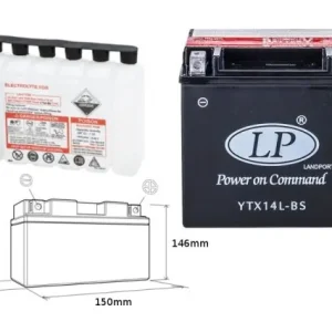 LANDPORT AKUMULATOR YTX14L-BS (MA LTX14L-BS) 12V 12AH 150X87X145 (HARLEY DAVIDSON 883/1200) BEZOBSŁUGOWY - ELEKTROLIT OSOBNO (3) Szybka wysyłka